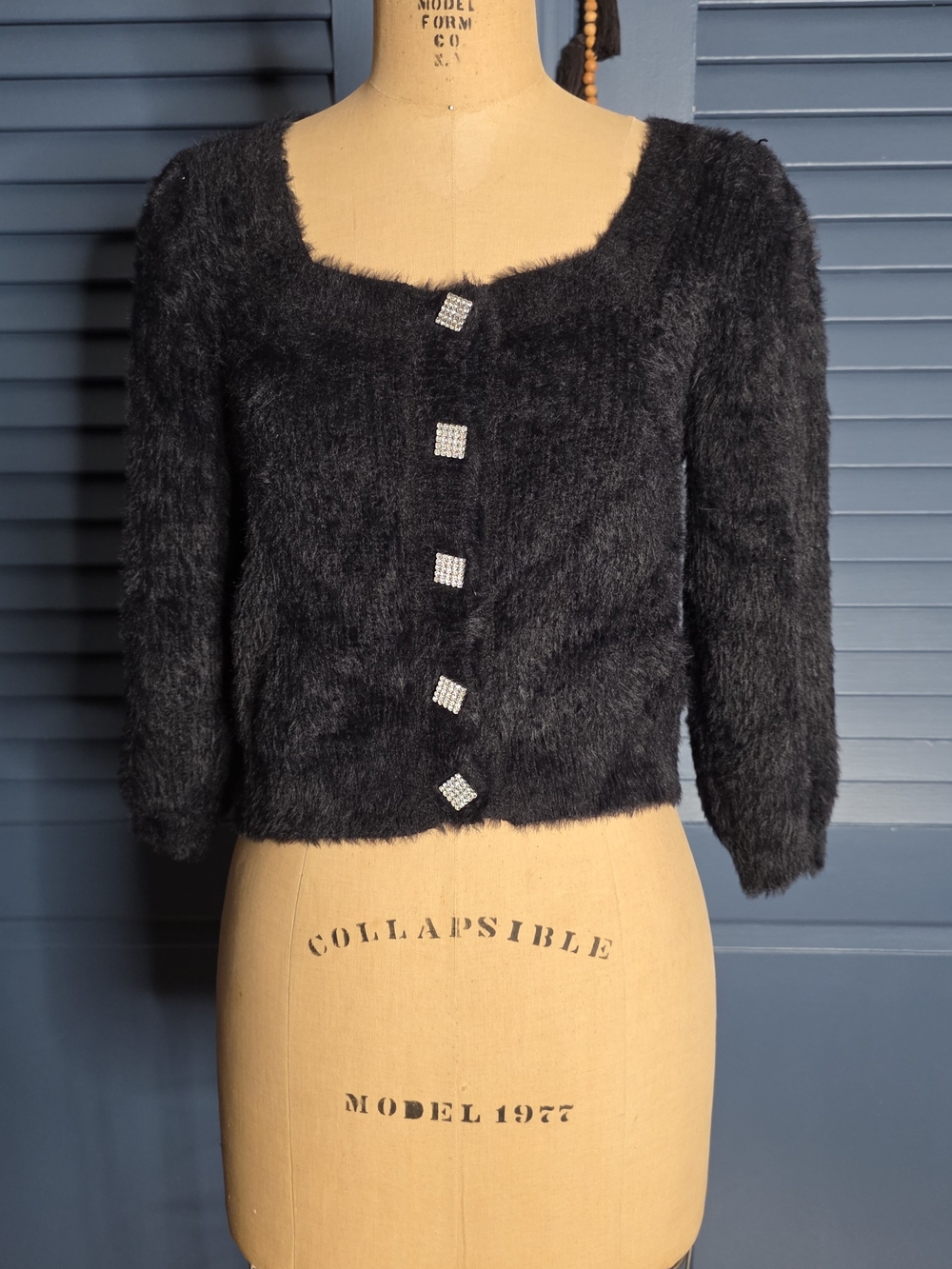 River Island Black Fuzzy Teddy Jacket with Rhinestone Buttons